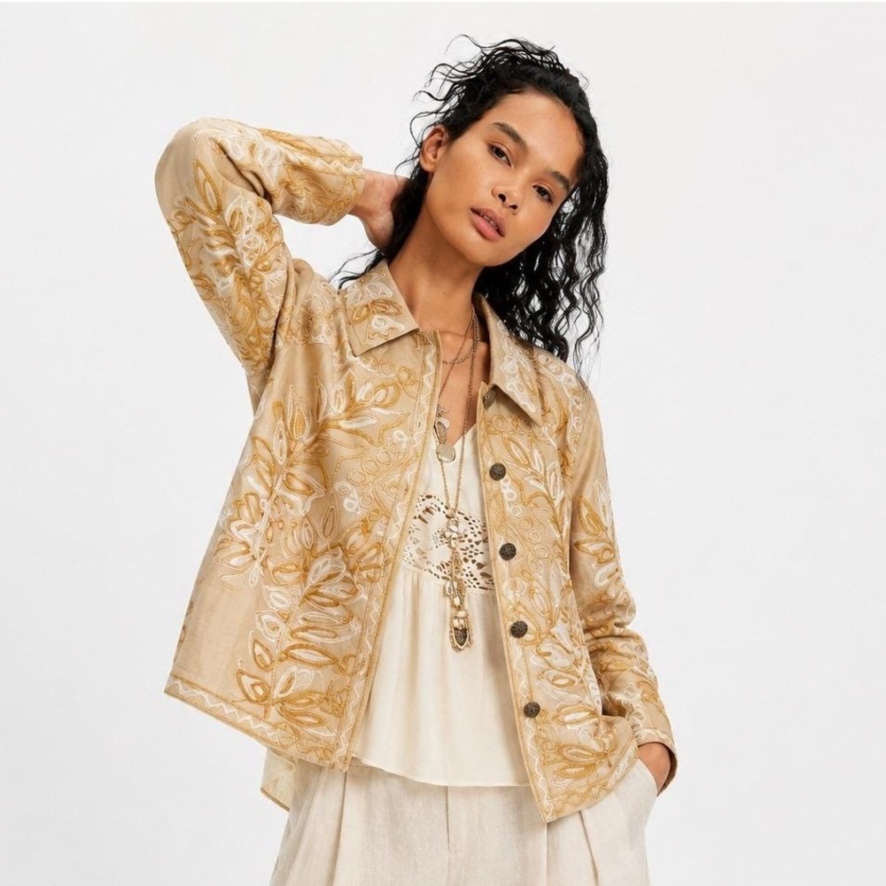 Sandy Starkman Silk Embroidered Jacket Womens Size S Gold Soutache Classic Chic